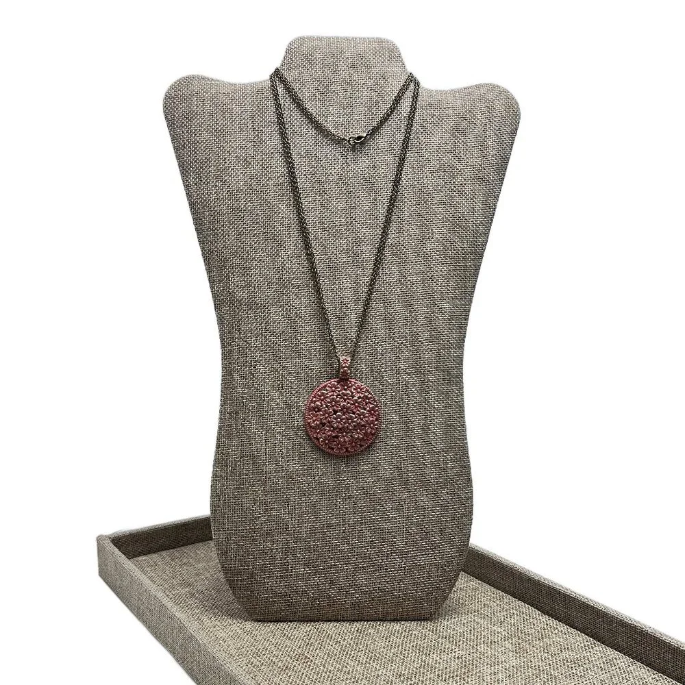 Floral Medallion Red Orange Patina Pendant Double Chain Antique Bronze - Picture 2 of 10